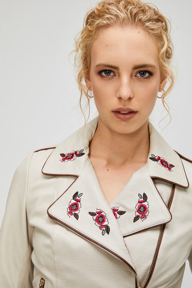 Kadın Bej Viper Deri Ceket - 3