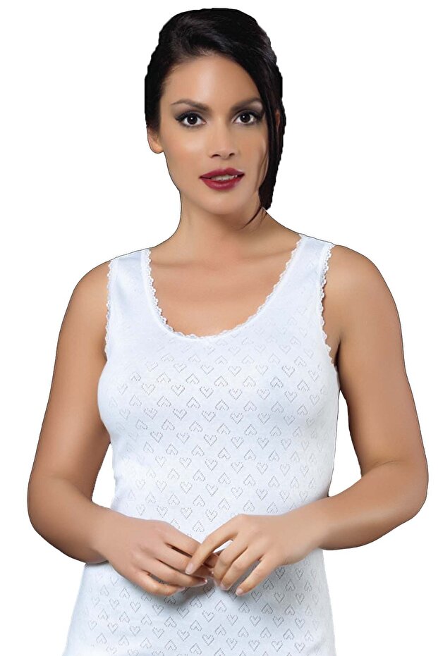 قميص داخلي نسائي أبيض بحزام سميك من القطن بفتحة مضلعة