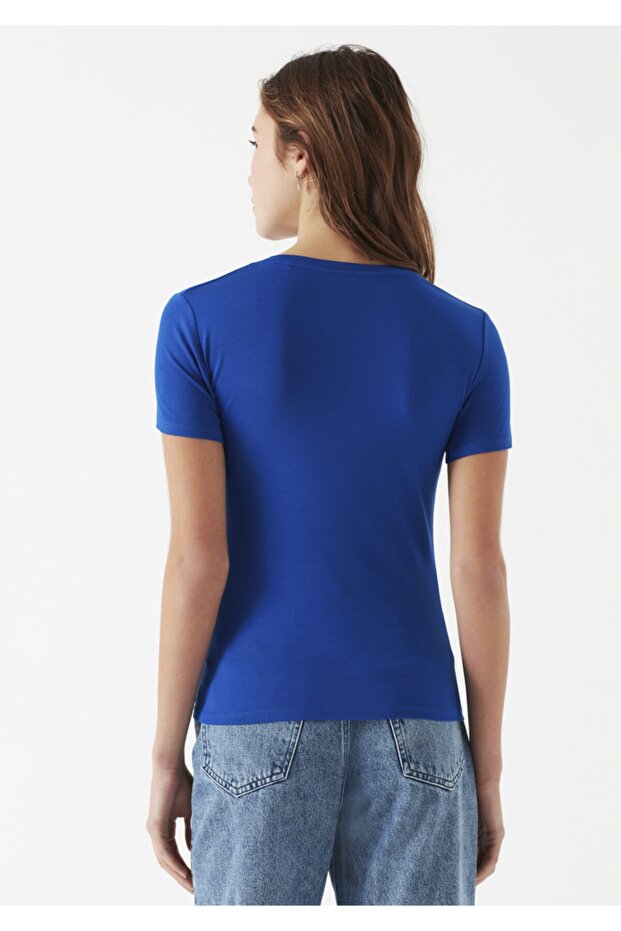 Kadın V Yaka Lacivert Basic Tişört - 3