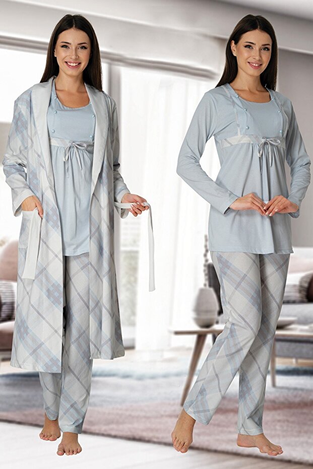 Effort Blue Long Sleeve Plaid Maternity Pajamas Set with Dressing Gown