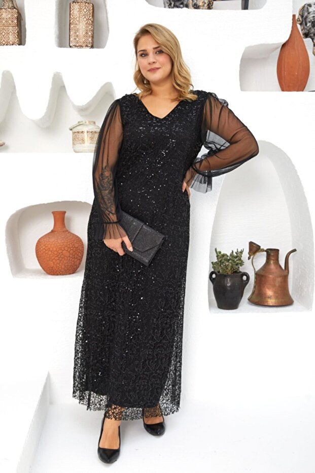 Pullu Abiye Elbise Siyah - 5