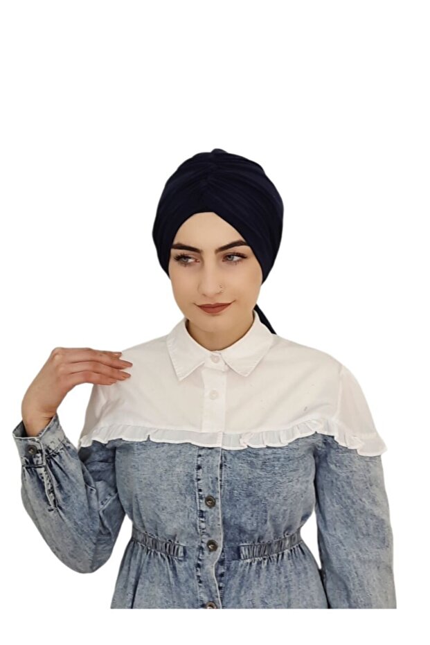 Gathered Front and Back Tie Ready Bonnet Navy Blue Color - 5