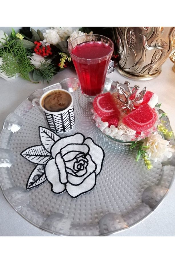 Kokteyl Peçetesi,sunum Peçetesi,yılbaşı Kokteyl Sunum Peçetesi, Nakış Işlemeli (1 Adet ) Rose Model - 1