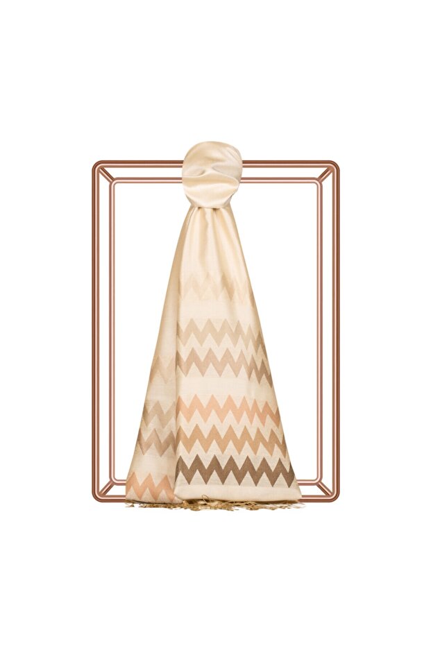 Cream Zig Zag Patterned Silk Shawl - 1