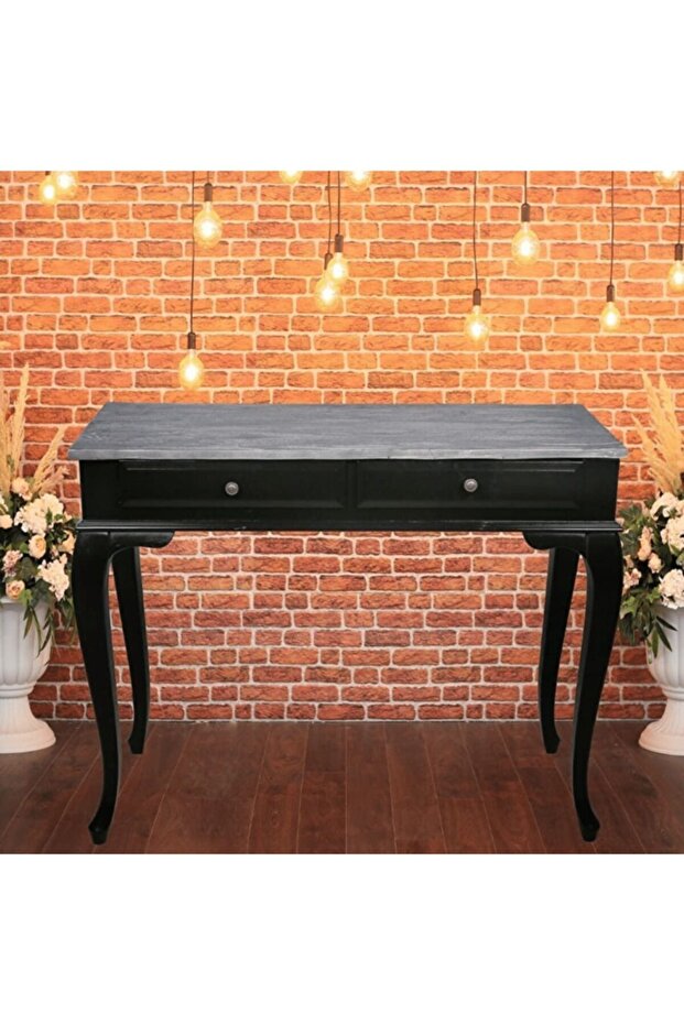 Ahşap 100 Cm Çekmeceli Siyah Üstü Masif Eskitme Dresuar - 1