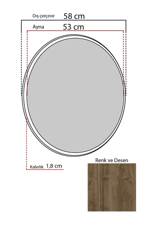 Tarz Design 58 Ceviz Dekoratif Yuvarlak Antre Hol Koridor Duvar Salon Mutfak Banyo Wc Ofis Aynası - 4