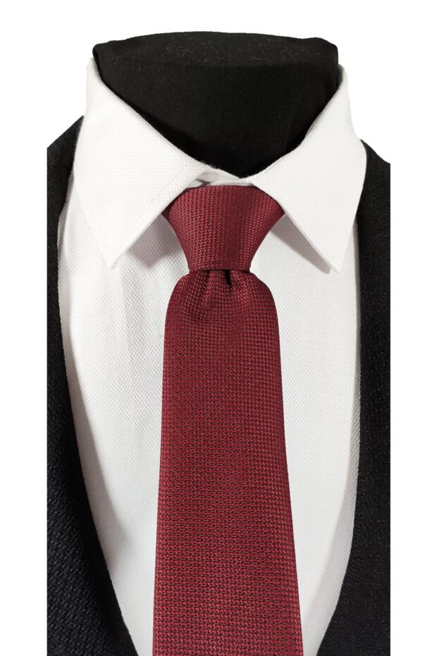 Bordo Renk Armürlü Kravat Mendil Seti - 3