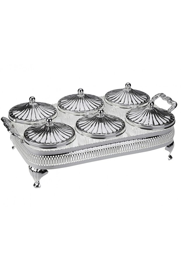 6-Piece Silver Glass Presentation Tray Bowl Set with Lid 38X21 Pr04-1022