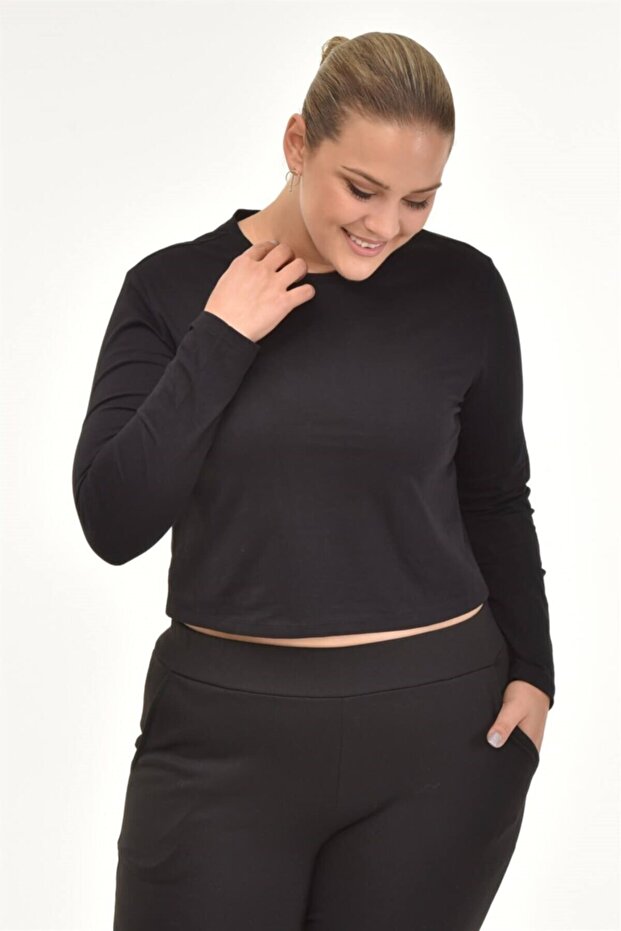 Μακρυμάνικο Basic Crop Tshirt-μαύρο - 4