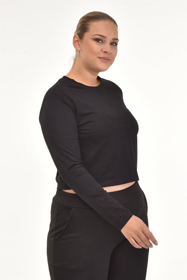 Μακρυμάνικο Basic Crop Tshirt-μαύρο - 5