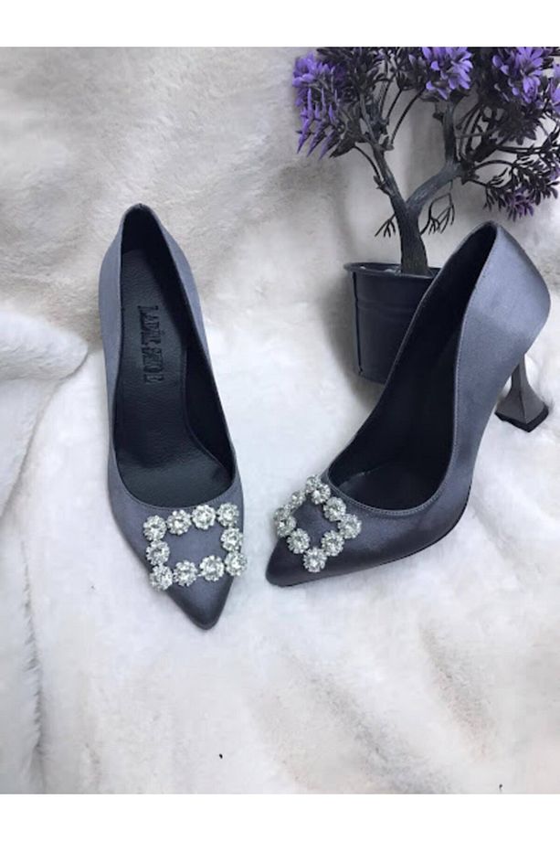 Şampanya Topuk Taşlı Kadın Stiletto Platin - 1