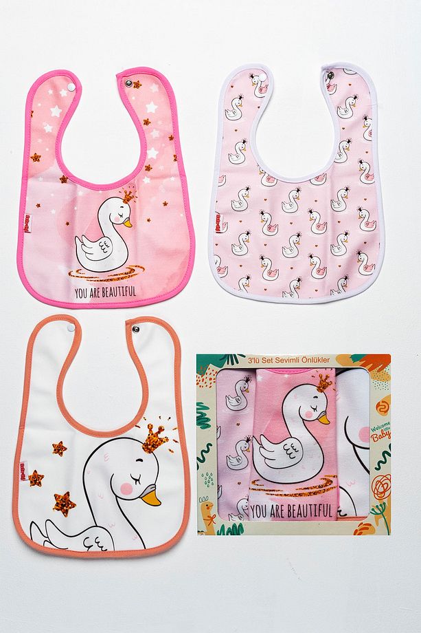Kuğu Temalı Kare 3 Parça Microfiber Mama Önlüğü Kendi Kutusunda Su Geçirmez Çıtçıtlı - 1