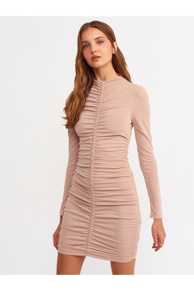 Büzgülü Mini Elbise Camel - 3