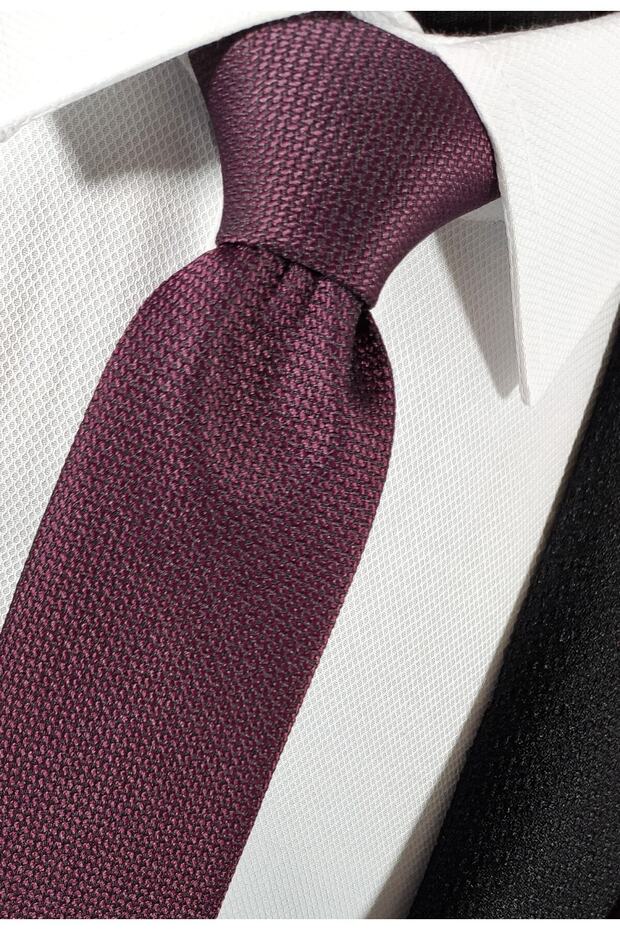 Mürdüm Renk Armürlü Kravat Mendil Seti - 1