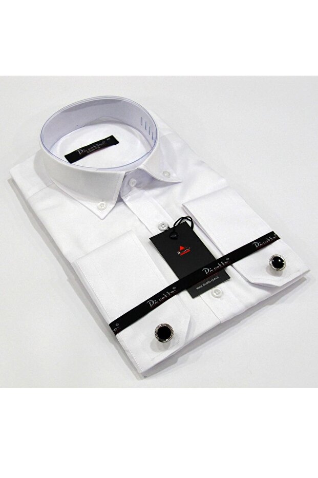 White Micro Fabric Slim Fit Men's Shirt with Cufflinks - Dicotto 198-1