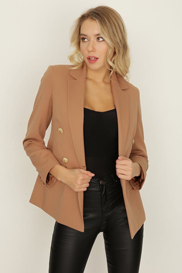Kadın Camel Gold Düğmeli Blazer Ceket - 1