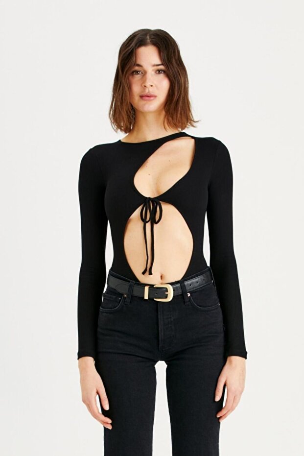 Kadın Siyah Geometrik Dekolteli Marilla Bodysuit - 1