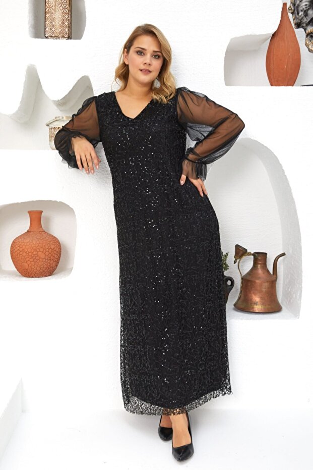 Pullu Abiye Elbise Siyah - 1