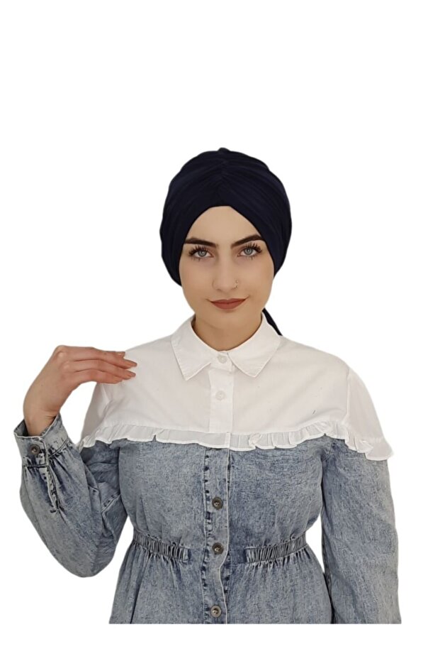 Gathered Front and Back Tie Ready Bonnet Navy Blue Color - 1