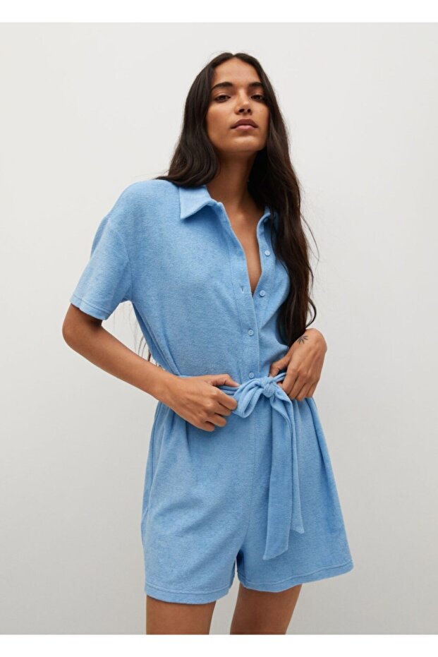 Women's Sky Blue Cotton Towel Woven Jumpsuit