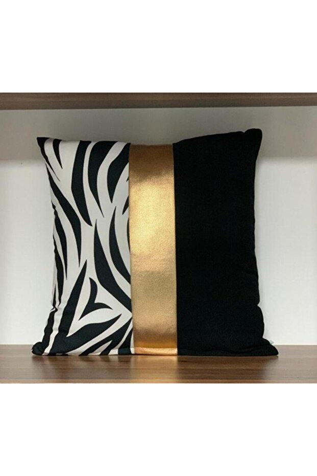 Gold Foil Tape Zebra-plain Black Throw Pillow Cover in the Middle