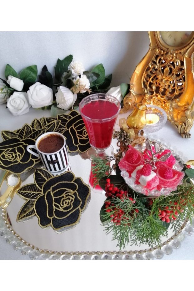 Cocktail Napkin, Presentation Napkin, Christmas Cocktail Presentation Napkin, (6pcs) Black Fabric-gold Embroidery