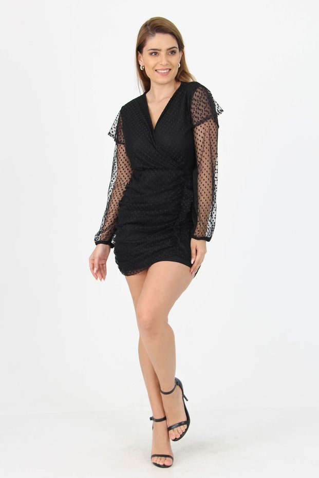 Women's Tulle Double Breasted Collar Side Gathered New Season Mini Dress Nb10002