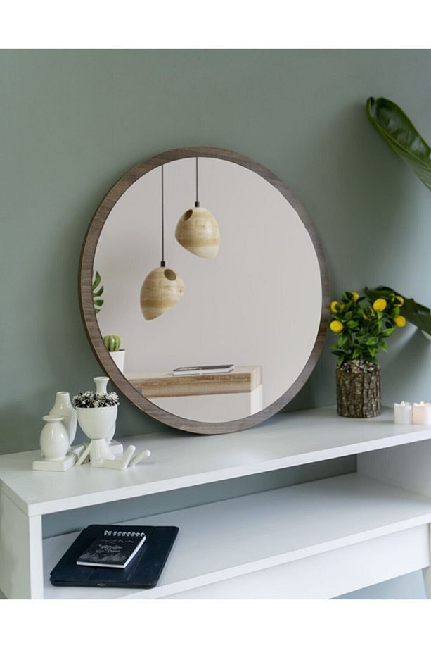 Tarz Design 58 Ceviz Dekoratif Yuvarlak Antre Hol Koridor Duvar Salon Mutfak Banyo Wc Ofis Aynası - 1