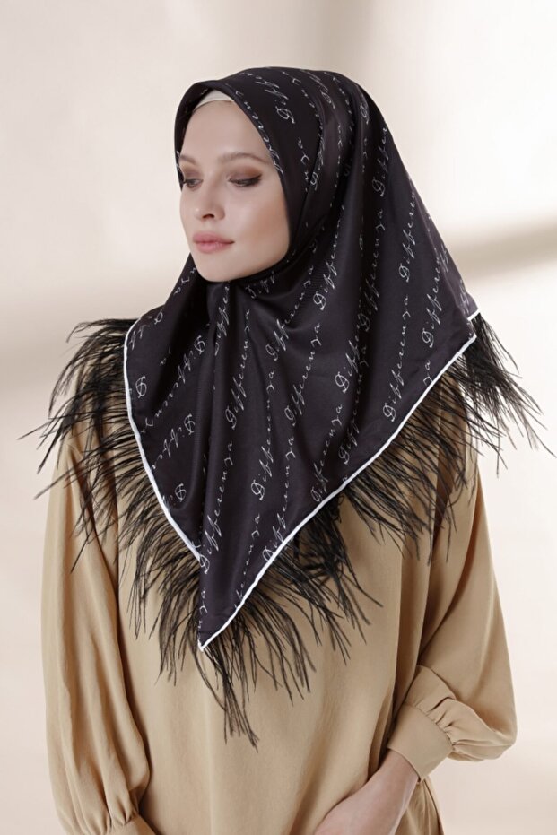 Tüylü Logolu Eşarp - Siyah - 1