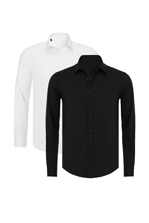 Men's Black and White Matte Satin 2-Piece Slim Fit Shirt
