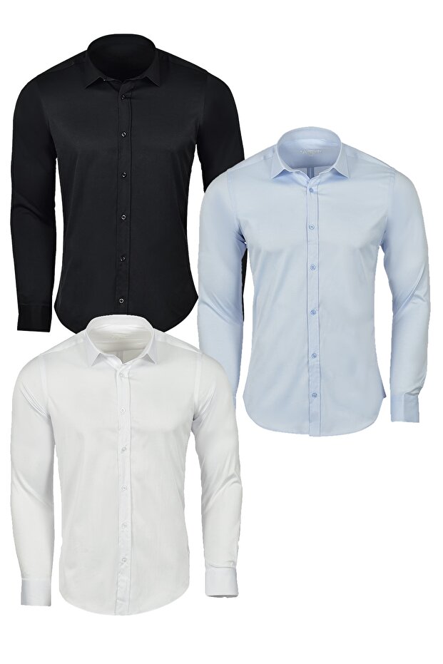 Black White Blue 3-Piece Matte Satin Super Slim Fit Shirt