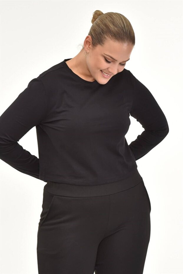 Μακρυμάνικο Basic Crop Tshirt-μαύρο - 7