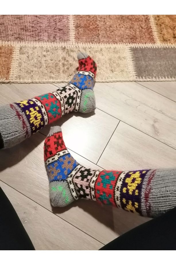 Rustik Çorap, Yün Çorap, El Örgüsü Çorap, Otantik Çorap, Etnik Desen Çorap - 3