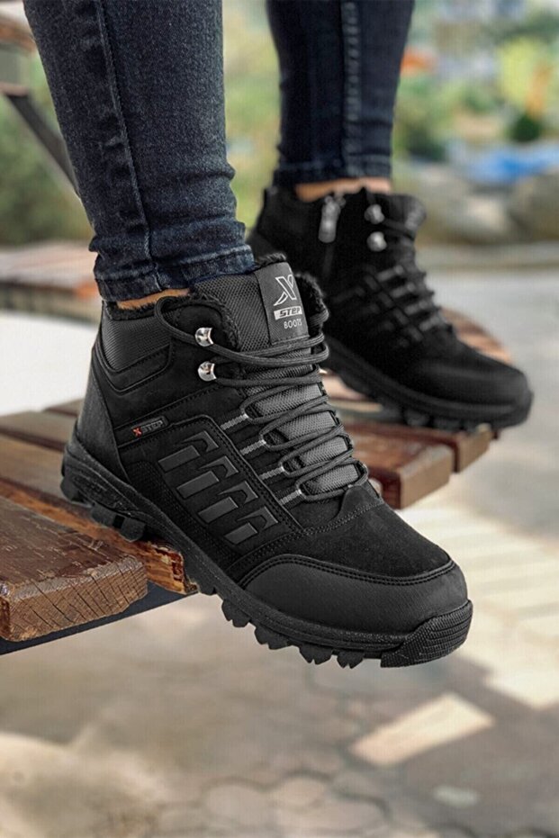 Unisex černé voděodolné protiskluzové chlupaté zimní boty na zip - 2