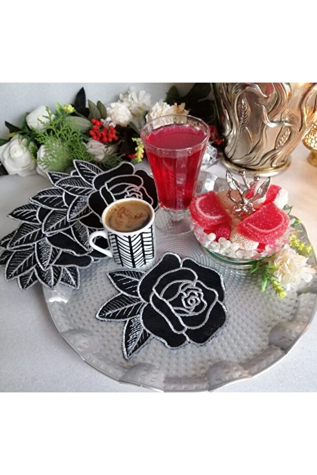 Cocktail Napkin, Presentation Napkin, Christmas Cocktail Presentation Napkin, Embroidered (6 Pieces) Rose Model