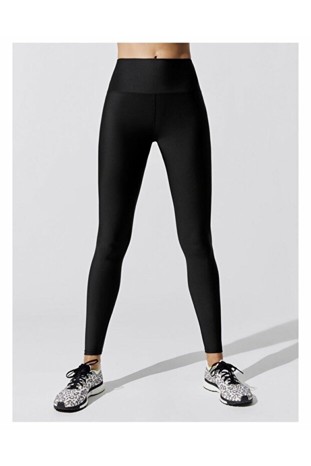 Women's Black High Waist Belted Gathering Shiny Disco Leggings
