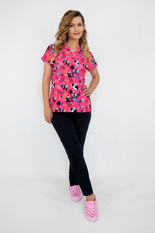 Pink Panda Pattern Surgical Doctor Nurse Hospital Cook Lycra Jersey Bottom Top Suit