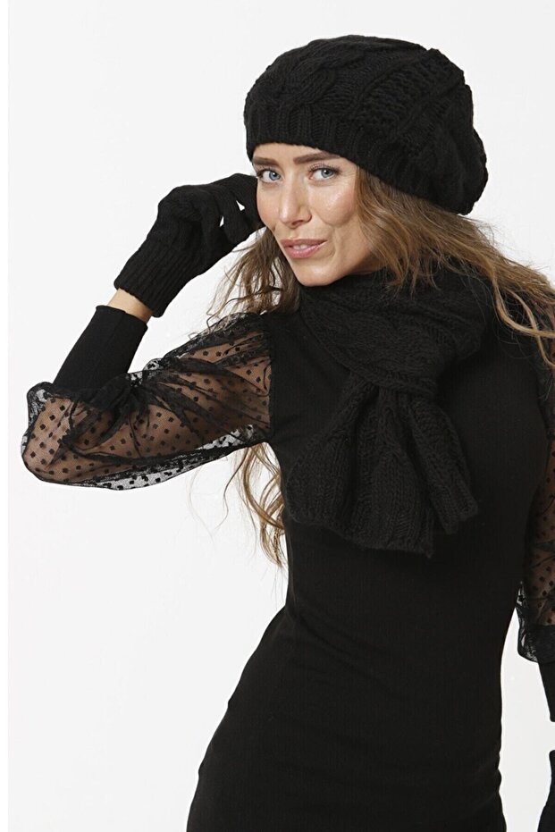 Women's Knitwear Knitted Model Black Scarf Beret Glove Set