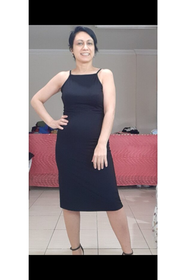 Rope Strap Below the Knee Combed Cotton Viscose Black Pencil Dress