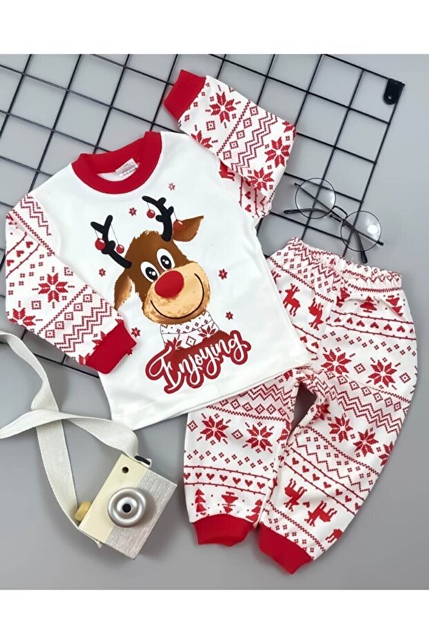 New Year Themed Deer and Snowflake Patterned Children's Pajama Set for Ages 1-9 - 1
