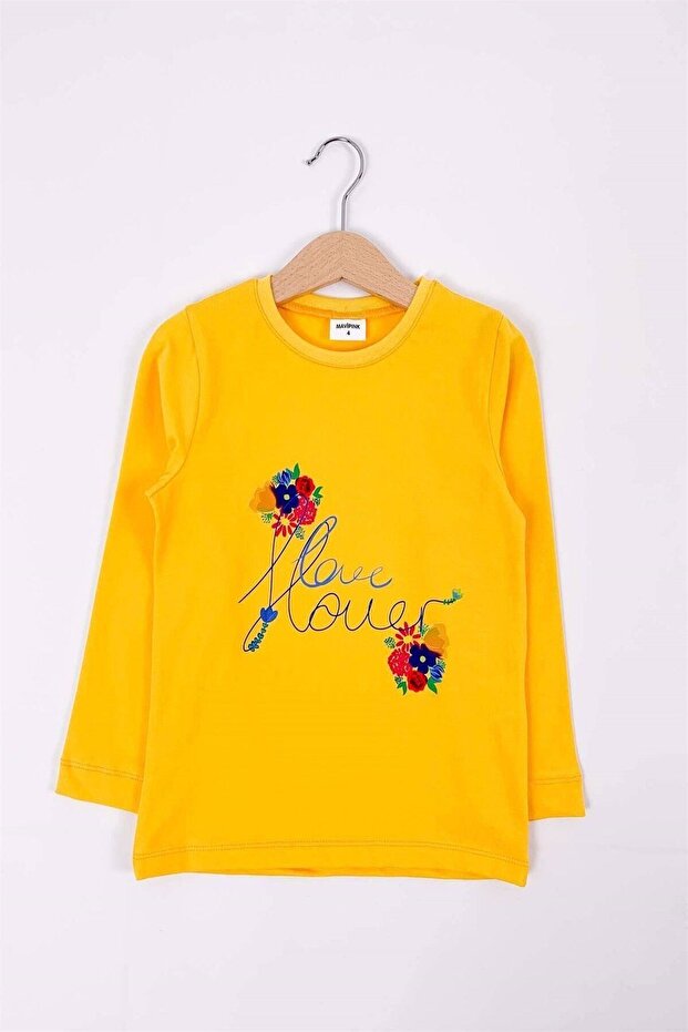 Kız Çocuk Baskılı Sarı Uzun Kol Tshirt - 1