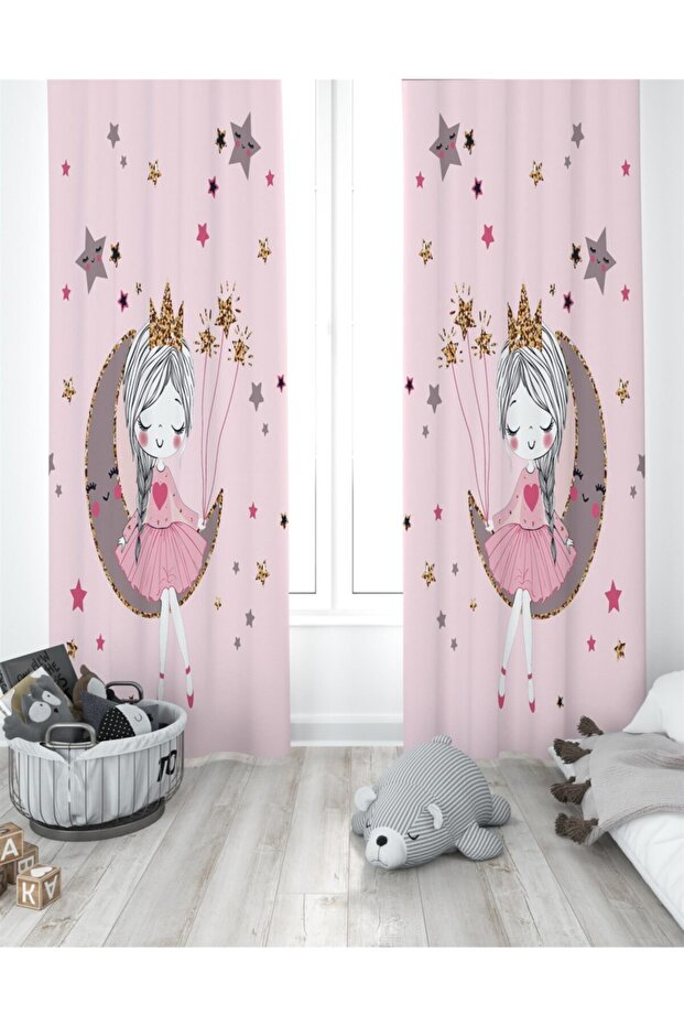 Pink Princess on the Moon Lightout Satin Background Curtain (Single Wing)