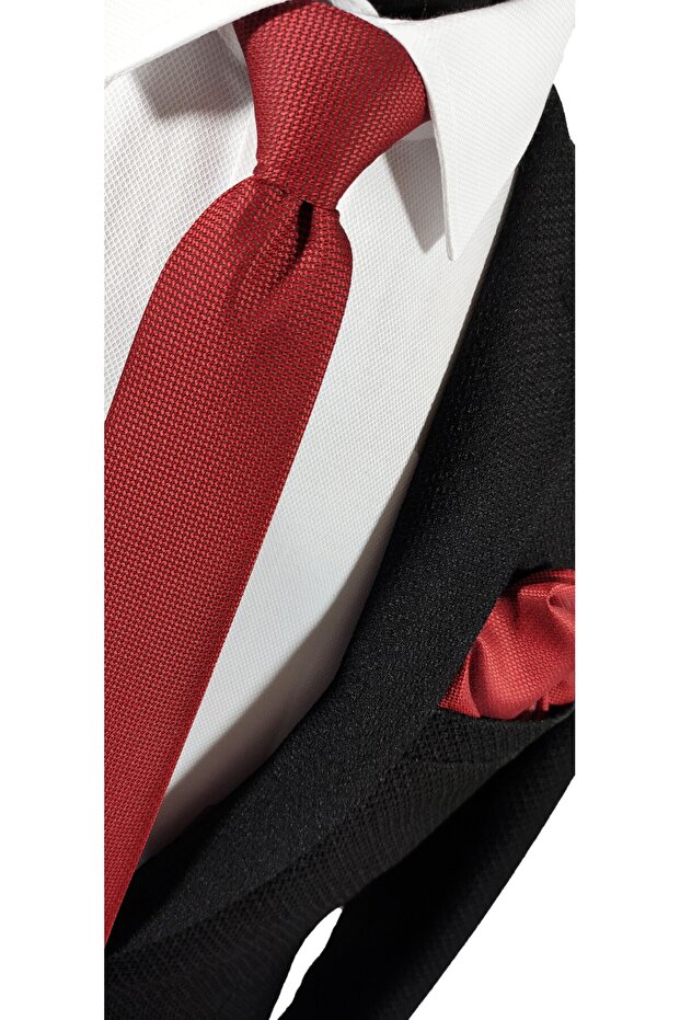 Red Color Dobby Tie Handkerchief Set - 3
