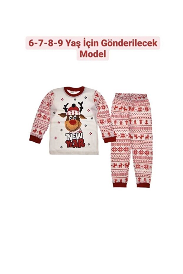 New Year Themed Deer and Snowflake Patterned Children's Pajama Set for Ages 1-9 - 3