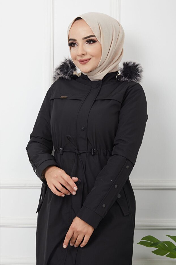 Waterprof Women's Long Tesseture Coat with Black Fur Inside