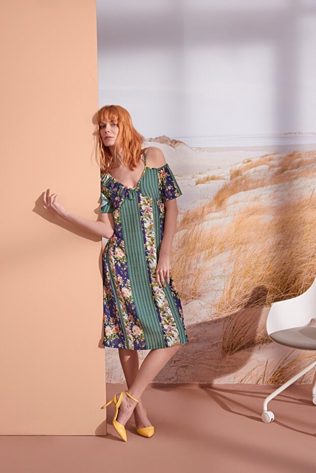 Green Navy Blue Off-Shoulder Floral Dress