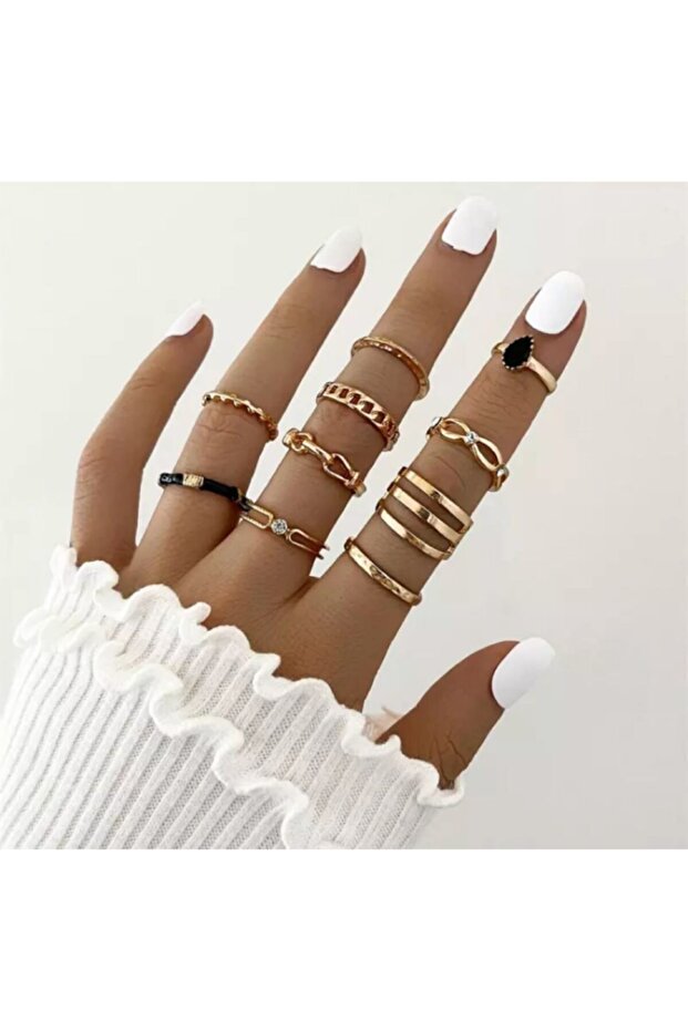 Taurus 10 Piece Bohemian Black Detailed Gold Ring Set
