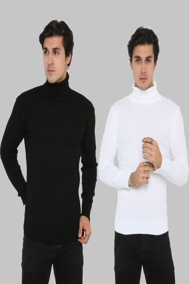 Men's Double Black and White Full Throated Sports Fisherman Plus Size Sweater