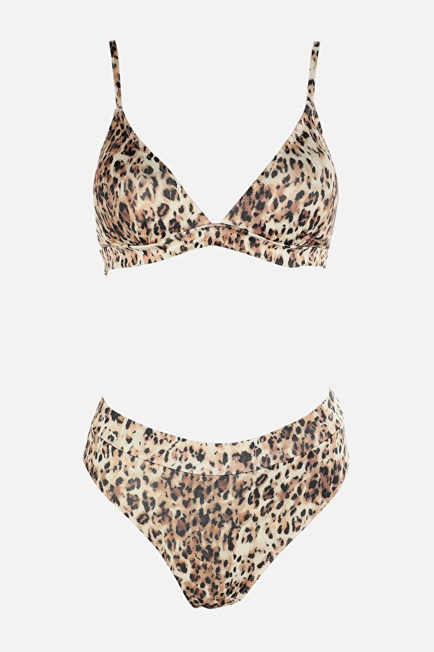 Leopar Desenli Üçgen Kaplı Hipster Yüksek Bel Bikini Takımı TBESS22BT0016 - 5
