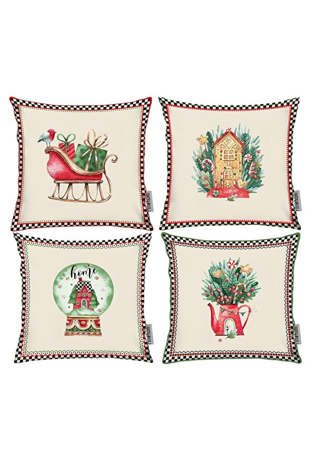 Winter / Winter New Year, Modern Double Side Printed 4-Piece 43X43 Throw Pillow Cover Cream, Green, Red